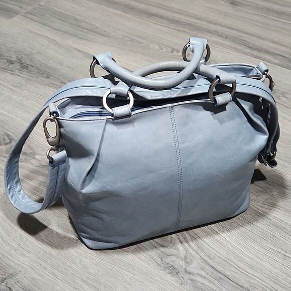 HOBO Handbags - HOBO Pale Blue Gray Leather Med Crossbody Handbag